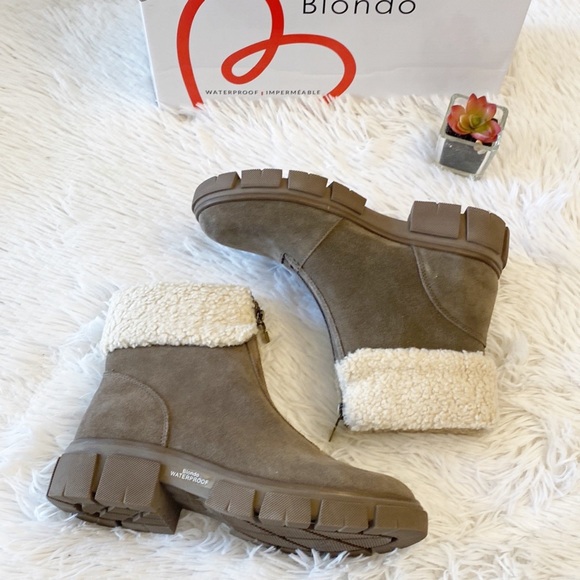 $160 NEW BLONDO x Zappos Plaza Taupe Suede Faux Fur heel ankle bootie women’s 7 - Picture 5 of 8